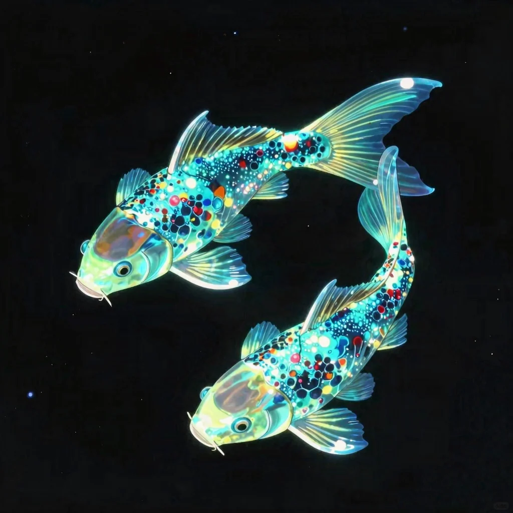 A cyan holographic koi fish generated as an additive-blended scene sprite