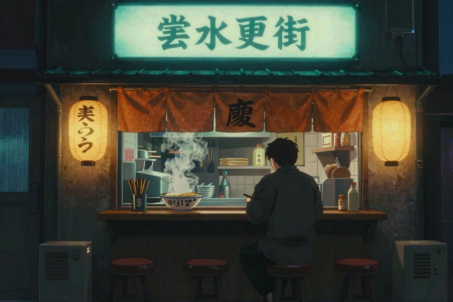 The neon-lit izakaya station in NEO-JOZI, which opens the about section