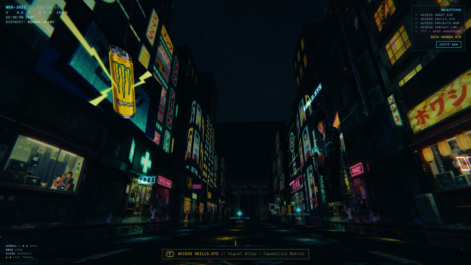 Signal Alley in NEO-JOZI, with neon storefronts, wet pavement, and an avatar billboard